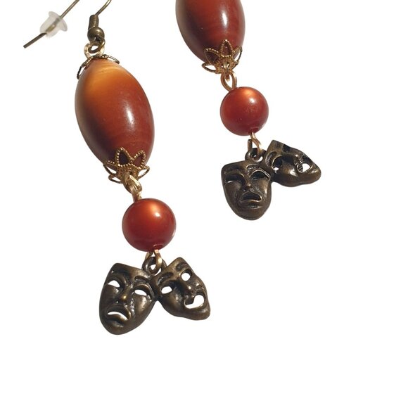 Handmade By Donovan Theater Comedy Tragedy Mask Dangle Earrings Beaded Art Deco - Picture 3 of 5